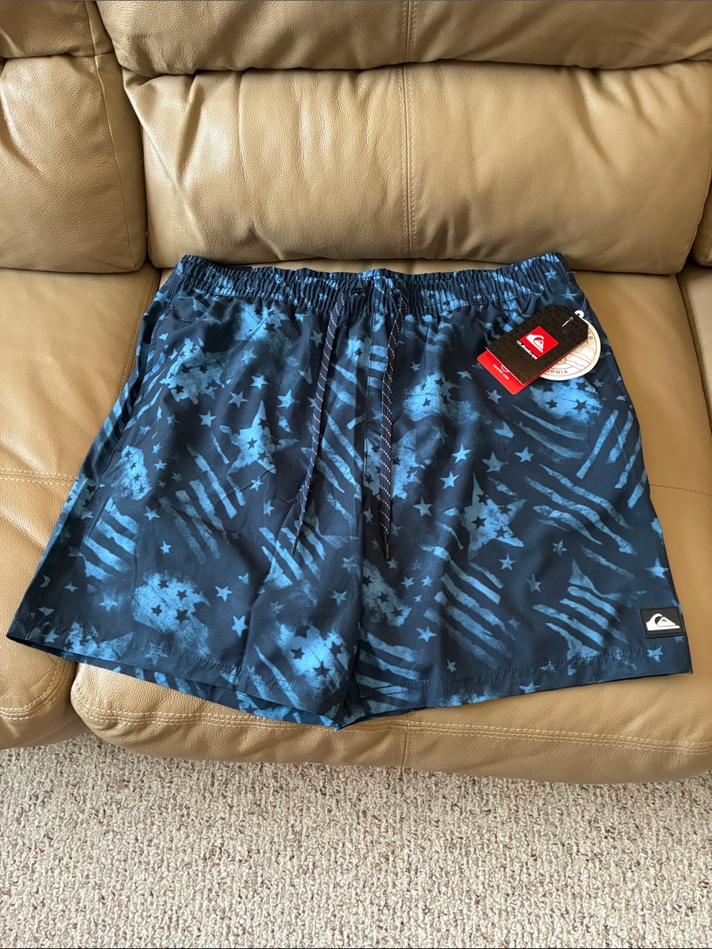 Quiksilver Navy and Light Blue Star Flag Swim Trunks